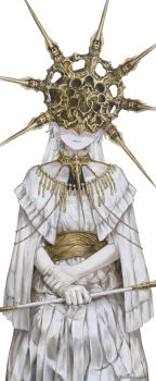 1boy absurdres androgynous closed_mouth commentary covered_eyes crown dark_souls_(series) dark_souls_i dark_sun_gwyndolin dress english_commentary facing_viewer highres holding holding_staff male_focus pale_skin short_hair simica simple_background solo staff standing white_background white_dress white_hair