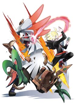1boy absurdres ariga_hitoshi armor black_pants blonde_hair broken_armor chimera claws colored_sclera crest energy evolution fins fish_tail full_body gen_7_pokemon gladion_(pokemon) glowing green_eyes grey_shirt hair_over_one_eye highres holding hood jumping legendary_pokemon male_focus nintendo official_art pants pokemon pokemon_(creature) pokemon_sm red_footwear red_sclera shirt shoes silvally simple_background sugimori_ken tail talons throwing torn_clothes torn_pants torn_sleeves