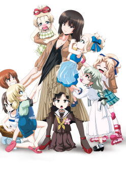 6+girls :d ^_^ absurdres aged_down alternate_costume anchovy_(girls_und_panzer) aqua_skirt back_bow bag black_hair black_pantyhose black_ribbon black_shirt black_shoes blonde_hair blue_dress blue_eyes blue_overalls blue_ribbon blush bow braid breasts brown_bag brown_eyes brown_hair brown_jacket brown_shirt brown_skirt carrying child child_carry cleavage clenched_teeth closed_eyes closed_mouth clothes_grab commentary_request crying curtained_hair darjeeling_(girls_und_panzer) dress food frilled_dress frills girls_und_panzer grabbing_another's_shirt grabbing_another's_sleeve green_dress green_eyes green_hair green_shirt grin hair_bow hair_ribbon high_heels highres holding holding_food holding_ice_cream ice_cream ice_cream_cone inline_skates instrument jacket kamishima_kanon kantele katyusha_(girls_und_panzer) kay_(girls_und_panzer) kindergarten_cop licking long_dress long_hair long_skirt long_sleeves looking_at_another looking_at_viewer marie_(girls_und_panzer) mary_janes mika_(girls_und_panzer) multiple_girls neckerchief nishi_kinuyo nishizumi_miho nishizumi_shiho nose_blush on_one_knee open_clothes open_jacket open_mouth orange_eyes orange_hair overalls oversized_clothes pantyhose parody pink_sandals plaid_clothes plaid_dress plaid_skirt playing_instrument pleated_skirt ponytail red_bow red_eyes red_shoes ribbon roller_skates sailor_collar sandals school_uniform serafuku shirt shoes short_hair single_braid sitting skates skirt sleeveless sleeveless_dress smile standing tank_top tears teeth tsurime under_skirt v-neck wavy_mouth white_background white_dress white_sailor_collar white_tank_top yellow_neckerchief