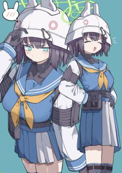 Rule 34 | 1girl, animal ears, aqua background, aqua eyes, blue archive, breasts, dual persona, halo, helmet, highres, knee pads, medium breasts, medium hair, mibashi (hash1 bam1), pleated skirt, purple hair, rabbit ears, saki (blue archive), school uniform, serafuku, simple background, skirt, turtleneck