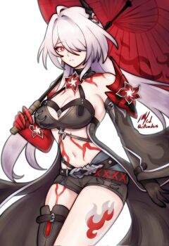 1girl acheron_(honkai:_star_rail) ahoge bare_shoulders belt_buckle boots breasts buckle choker cleavage colored_skin commentary commission cracked_skin crop_top detached_sleeves earrings english_commentary flower hair_ornament hair_over_one_eye highres honkai:_star_rail honkai_(series) jacket jewelry large_breasts leg_tattoo long_hair looking_at_viewer midriff navel oil-paper_umbrella open_clothes open_jacket red_eyes red_flower red_skin rotomdocs shorts single_earring solo tattoo thigh_boots umbrella very_long_hair white_background white_hair