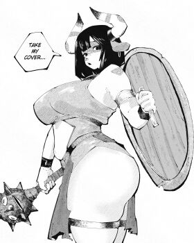 1girl absurdres animal_ears animal_nose armlet breasts clothing_cutout cow_ears cow_girl cow_horns cowboy_shot dress english_text face_piercing from_side furry furry_female greyscale highres holding holding_mace holding_shield holding_weapon horns jewelry large_breasts looking_at_viewer mace miregeist monochrome nose_piercing nose_ring open_mouth original parted_bangs piercing shield short_hair simple_background sleeveless sleeveless_dress solo speech_bubble spiked_mace spikes stomach_cutout talking thighlet weapon white_background wooden_shield