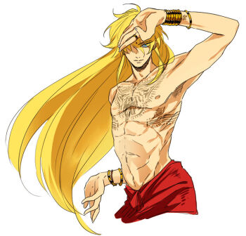 1boy alternate_costume arm_up bindi bishounen blonde_hair blue_eyes bracelet casual chest_tattoo expressionless gold_bracelet hair_over_one_eye henna indian_clothes jewelry long_hair looking_at_viewer male_focus mantles mudra multiple_bracelets saint_seiya solo tattoo topless_male virgo_(symbol) virgo_shaka wrist_tattoo