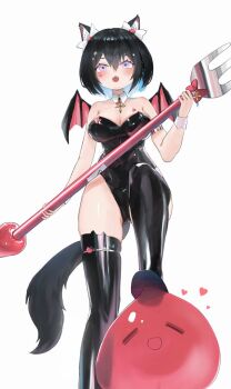 :d =_= animal_ear_fluff animal_ear_legwear animal_ears armlet bare_shoulders bat_wings black_footwear black_hair black_leotard black_tail black_thighhighs blob blue_hair bob_cut bow breasts cat_ear_legwear cat_ears cat_tail colored_inner_hair demon_wings detached_collar food-themed_hair_ornament fork hair_between_eyes hair_bow hair_ornament hairclip heart holding holding_weapon hoshina_suzu jewelry kittysuit large_breasts latex latex_legwear latex_leotard leotard medium_hair multicolored_hair nontraditional_playboy_bunny open_mouth purple_eyes smile solo stepping strapless strapless_leotard strawberry_hair_ornament tail thigh_strap thighhighs virtual_youtuber wactor_production weapon white_background wings wrist_cuffs zuige0318
