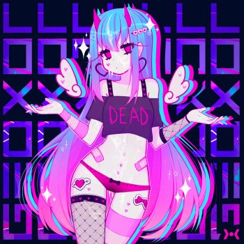 1girl ariimaw bandaid blush body_writing breasts clitoris cowboy_shot cum hair_ornament heart heart_hair_ornament highres horn_ornament horns long_hair medium_breasts net_stockings panties phone pussy_juice pussy_piercing solo sparkle sticker tagme taking_picture thighhighs third-party_edit underwear wings