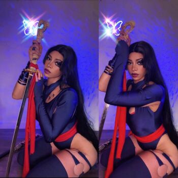 1girl breasts butterfly_ornament cosplay dark-skinned_female dark_skin facepaint fingerless_gloves gloves katana leotard lipstick long_hair makeup marvel marvel_rivals o-ring o-ring_thigh_strap psylocke psylocke_(vengeance) real_life sash sword thigh_strap weapon