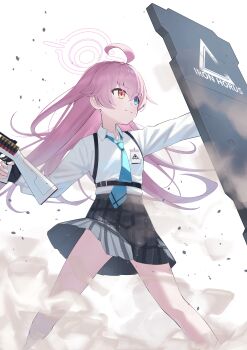 1girl absurdres abydos_high_school_logo bare_legs black_skirt blue_archive blue_eyes blue_necktie commentary_request facing_viewer fukujin gun hair_between_eyes halo hands_up heterochromia highres holding holding_gun holding_shield holding_weapon hoshino_(blue_archive) id_card long_hair miniskirt necktie orange_eyes pink_hair pink_halo plaid_clothes plaid_skirt pleated_skirt riot_shield shield shirt shotgun skirt smile solo standing very_long_hair weapon white_shirt