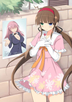 1girl :t ahoge angry black_choker black_suit blue_eyes blunt_bangs blush breast_envy breasts brick_wall brown_hair business_suit candy chest_ribbon choker cleavage collar collarbone cowboy_shot dress faceless faceless_female flat_chest floral_print floral_print_dress food formal_clothes frilled_dress frills gloves green_eyes hair_ribbon hairband heterochromia holding holding_candy holding_food holding_lollipop jealous large_breasts leaf lightning_ahoge lollipop long_hair low_twintails miki_(senran_kagura) non-web_source official_art orange_ribbon outdoors pink_dress pink_hair poster_(object) pout print_dress red_hairband ribbon ryoubi_(senran_kagura) senran_kagura senran_kagura_new_wave senran_kagura_shinovi_versus short_dress sidelocks solo suit twintails v-shaped_eyebrows very_long_hair white_collar white_gloves