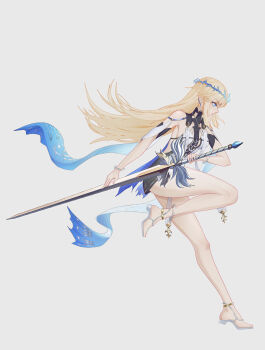 Rule 34 | 1girl, absurdres, bare shoulders, black dress, blonde hair, blue eyes, breasts, cartethyia (wuthering waves), chinese commentary, commentary request, dress, from side, full body, grey background, highres, holding, holding sword, holding weapon, leg up, long hair, ouyang long xin, pointy ears, simple background, small breasts, solo, standing, standing on one leg, sword, tabard, thighs, weapon, white tabard, wuthering waves