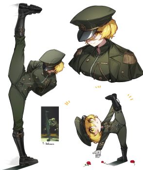 1girl absurdres alternate_costume black_boots black_shoes boots don_quijote_(store) don_quixote_(project_moon) flower full_body game_screenshot_inset gloves hat highres inset jacket jeehyung_seo leg_lift leg_up limbus_company military military_hat military_jacket military_uniform peaked_cap project_moon red_flower screenshot_inset shoes smile solo standing standing_on_one_leg