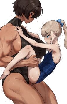 1futa 1girl blonde_hair blue_eyes breasts brown_hair carrying carrying_person competition_school_swimsuit dark_skin futa_with_female futanari gym_uniform hands_on_another's_thighs height_difference highres humping kei_(m_k) large_breasts long_hair m_k original ponytail red_eyes rika_(m_k) school_swimsuit short_hair simple_background size_difference standing sweat swimsuit tall tan tomboy