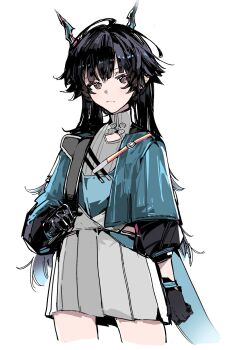 1girl arknights arknights:_endfield black_gloves black_hair blue_horns blue_jacket blue_tail chen_qianyu_(arknights) chiriejjiyo closed_mouth commentary_request cropped_jacket cropped_legs dragon_girl dragon_horns dragon_tail dress eastern_dragon_horns eastern_dragon_tail expressionless gloves grey_dress highres horns jacket long_hair long_sleeves looking_at_viewer open_clothes open_jacket open_mouth simple_background solo tail twintails white_background