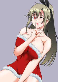 1girl areola_slip breasts commentary_request eydis_(sao) highres large_breasts long_hair looking_at_viewer open_mouth red_eyes simple_background solo sword_art_online sword_art_online:_alicization sword_art_online:_unleashed_blading teto0315