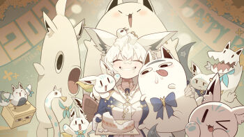 <o>_<o> 1girl :3 absurdres ahoge animal_ear_fluff animal_ear_piercing animal_ears birthday_cake blue_bow bow breasts cake character_request closed_eyes cocomayo29_(tomato) commentary_request earrings flower food fox_ears fox_girl fox_tail fubuchun fubuzilla_(shirakami_fubuki) hair_between_eyes highres hololive hug jewelry korean_commentary large_breasts miteiru_(shirakami_fubuki) nejima_kitsune_(shirakami_fubuki) official_alternate_costume open_mouth pentagram shirakami_fubuki shirakami_fubuki_(fbkingdom) single_earring smile sukonbu_(shirakami_fubuki) tail teeth virtual_youtuber white_hair