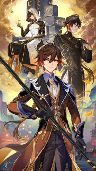 3boys antenna_hair aratakosu_(tako's) architecture artist_name barefoot black_cape black_gloves black_pants black_shirt blonde_hair brown_eyes brown_hair brown_jacket brown_vest buttons cape changpao chinese_clothes closed_mouth cloud cloudy_sky collared_shirt cowboy_shot crystal day diamond_button earrings east_asian_architecture eyeshadow full_body gem genshin_impact ginkgo_leaf gloves gold_ring gold_trim gradient_hair grass grey_shirt hair_between_eyes hand_on_own_hip hand_up highres holding holding_polearm holding_weapon house jacket jewelry lapels leaf long_hair long_sleeves looking_at_object looking_at_viewer looking_to_the_side low_ponytail makeup male_focus mandarin_collar mountain multicolored_hair multiple_boys multiple_persona necktie official_alternate_costume orange_gem orange_hair outdoors pants pendant polearm ponytail red_eyeshadow shirt signature single_earring sitting sitting_on_throne sky smile spear standing tabard tassel tassel_earrings teeth throne vest watermark weapon white_hood white_necktie white_pants white_tabard window wing_collar yellow_sky zhongli_(archon)_(genshin_impact) zhongli_(genshin_impact) zhongli_(lantern_rite)_(genshin_impact)