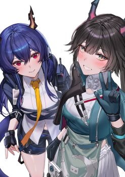 Rule 34 | 2girls, absurdres, arknights, arknights: endfield, black gloves, black hair, black shorts, blue hair, blue jacket, blush, breasts, ch'en (arknights), chen qianyu (arknights), commentary, dragon girl, dragon horns, dragon tail, dress, eastern dragon horns, fingerless gloves, gloves, green eyes, green gloves, green jacket, highres, horns, id card, jacket, large breasts, looking at viewer, molyb, multiple girls, name connection, necktie, red eyes, shirt, shorts, simple background, smile, tail, w, white background, white dress, white shirt, yellow necktie