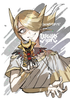 1boy blonde_hair commentary_request dated floating_hair gen_4_pokemon giratina giratina_(altered) grey_eyes grin hair_over_one_eye highres holding jewelry legendary_pokemon looking_at_viewer male_focus necklace nintendo pokemon pokemon_legends:_arceus shirt short_sleeves signature smile sparkle swept_bangs teeth uguisu_ann upper_body volo_(pokemon)