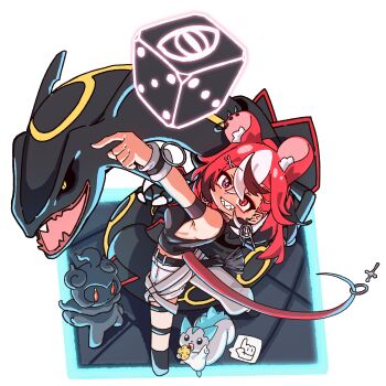 1girl absurdres alternate_color animal_ear_piercing animal_ears arm_up armband asymmetrical_clothes berry_(pokemon) black_armband black_hair black_shirt black_streaks black_wrist_cuffs commentary crossover dice english_commentary fade_(haircut) foreshortening full_body gen_3_pokemon gen_4_pokemon gen_7_pokemon grin hair_ornament hakos_baelz hakos_baelz_(monochrome_dancer) heterochromia highres hololive hololive_english jadea5124 legendary_pokemon marshadow medium_hair midriff_peek mouse_ears mouse_girl mouse_tail multicolored_eyes multicolored_hair mythical_pokemon nintendo outstretched_arm pachirisu pants pokemon pokemon_(creature) rayquaza red_eyes red_hair sharp_teeth shaved_mark shiny_pokemon shirt single_pantsleg sitrus_berry sleeveless sleeveless_shirt smile standing streaked_hair tail teeth virtual_youtuber white_hair white_pants white_streaks wrist_cuffs x_hair_ornament