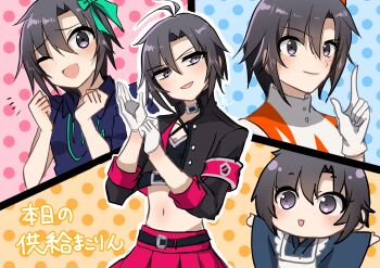 1girl adjusting_clothes adjusting_gloves antenna_hair armband benidzuki_p black_border black_hair black_jacket blush border collar collared_shirt cropped_jacket gloves hair_ribbon highres idolmaster idolmaster_million_live! idolmaster_million_live!_theater_days jacket japanese_clothes kikuchi_makoto kimono looking_at_viewer maid multiple_views navel one_eye_closed open_mouth outstretched_arms parted_bangs pink_skirt pointing pointing_up polka_dot polka_dot_background purple_eyes ribbon shirt sidelocks skirt smile spread_arms voy@ger_(idolmaster) wa_maid white_gloves yukata