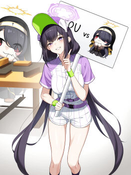Rule 34 | 2girls, absurdres, baseball cap, black hair, black veil, blue archive, breasts, closed mouth, commentary request, dong (art woodong), feet out of frame, grin, hair over one eye, halo, hat, highres, hinata (blue archive), holding, holding sign, korean commentary, large breasts, long hair, low twintails, mascot costume, multiple girls, nun, purple eyes, purple halo, purple hat, red eyes, shirt, shorts, sign, simple background, smile, striped clothes, striped shirt, striped shorts, sumire (blue archive), sumire (part-time) (blue archive), table, twintails, veil, vertical-striped clothes, vertical-striped shirt, vertical-striped shorts, very long hair, white background, white shirt, white shorts, yellow halo