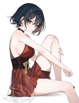 Rule 34 | 1girl, absurdres, bare legs, bare shoulders, black hair, blush, breasts, closed mouth, commentary, dress, earrings, hair between eyes, highres, jewelry, karyln, large breasts, looking at viewer, multicolored hair, original, red dress, red eyes, short hair, sideboob, simple background, sitting, sleeveless, sleeveless dress, solo, symbol-only commentary, thigh strap, white background