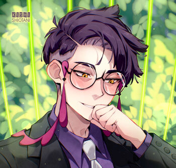 1boy averting_eyes black-framed_eyewear black_jacket blurry blurry_background blush collared_shirt commentary corbeau_(pokemon) english_commentary eyewear_strap glasses green_background hand_to_own_mouth hand_up highres jacket kishishiotani light_smile looking_down male_focus necktie nintendo parted_hair pokemon pokemon_legends:_z-a portrait purple_hair purple_shirt round_eyewear shirt short_sideburns shy sideburns signature solo undercut white_necktie yellow_eyes