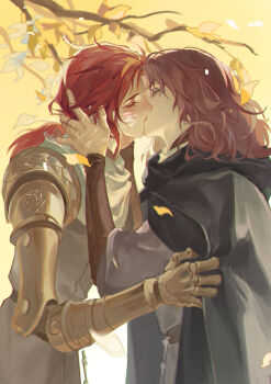 2girls agong amputee black_cloak blush branch brown_hair brown_tunic cape cloak closed_eyes elden_ring facial_tattoo from_side fromsoftware highres hood hooded_cape hooded_cloak kiss leaf low_tied_hair mechanical_arms medium_hair melina_(elden_ring) millicent_(elden_ring) multiple_girls namco prosthesis prosthetic_arm red_hair scar scar_across_eye scar_on_face single_mechanical_arm tattoo tunic yellow_background yuri