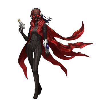 1girl alex_(megami_tensei) blue_hair bodysuit cape demonica doi_masayuki energy_gun full_body headgear highres impossible_clothes mask official_art ray_gun science_fiction shin_megami_tensei shin_megami_tensei:_deep_strange_journey shin_megami_tensei:_strange_journey skin_tight solo standing third-party_source trigger_discipline weapon white_background