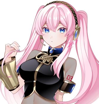1girl alternate_costume aqua_nails arm_tattoo bare_shoulders blue_eyes breasts closed_mouth detached_sleeves fingernails hair_between_eyes hair_ornament hashtag-only_commentary headphones headset highres large_breasts long_hair looking_at_viewer masumofu megurine_luka nail_polish navel number_tattoo pink_hair see-through_clothes see-through_shirt shirt sidelocks signature simple_background solo tattoo twintails upper_body very_long_hair vocaloid white_background wide_sleeves