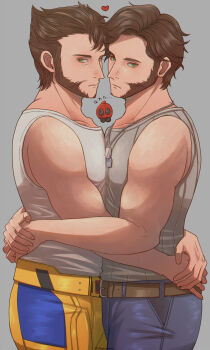 3boys animification beard belt blue_pants bodysuit brown_hair closed_mouth collarbone commentary_request deadpool deadpool_&amp;_wolverine deadpool_(series) denim dog_tags doghooouse dual_persona facial_hair green_eyes heart highres hug jeans large_pectorals looking_at_viewer male_focus marvel marvel mask multiple_boys muscular muscular_male mutual_hug own_hands_together pants pectoral_docking pectoral_press pectorals red_mask selfcest short_hair tank_top white_tank_top wolverine_(x-men) x-men x-men_film_series x-men_origins:_wolverine yaoi yellow_bodysuit