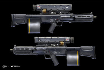 asterozoa black_background bullpup commentary computerized_scope directed-energy_weapon drum_magazine energy_gun energy_weapon english_commentary from_side gun hazard_symbol high-capacity_magazine highres magazine_(weapon) no_humans original precision-guided_firearm science_fiction scope sight_(weapon) smart_scope submachine_gun trigger weapon weapon_focus