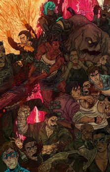 4girls 6+boys absurdres arm_wrap armstrong_(dispatch) artist_name beard_stubble blood blood_on_clothes blood_on_face brown_hair colored_skin coupe_(dispatch) dispatch earrings face_piercing facial_hair fighting fire flambae_(dispatch) gloves golem_(dispatch) highres holding holding_sword holding_weapon horns invisigal_(dispatch) jewelry ko0tiesnbeans light_rays malevola_(dispatch) mask mechanical_arms microphone mohawk multicolored_hair multiple_boys multiple_girls muscular muscular_female mustache nervous_sweating nose_piercing nose_ring piercing pink_gloves prism_(dispatch) punch_up_(dispatch) punching red_skin robert_robertson single_mechanical_eye spitting spitting_blood strangling stubble suspenders sweat sword tail two-tone_hair waterboy_(dispatch) weapon yellow_eyes