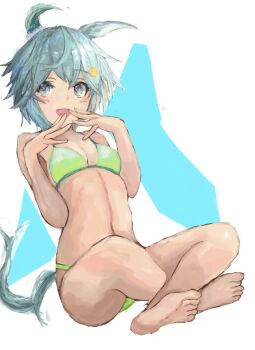 1girl animal_ears bare_shoulders barefoot bikini blue_eyes blush breasts cleavage ear_covers flower green_bikini grey_hair hair_between_eyes hair_flower hair_ornament hairclip horse_ears horse_girl horse_tail looking_at_viewer navel open_mouth seiun_sky_(umamusume) short_hair single_ear_cover sitting small_breasts smile solo stomach sunflower sunflower_hair_ornament swimsuit tail umamusume yanagi_wakana