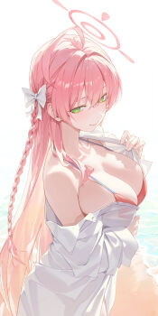 1girl ahoge beach bikini blue_archive blush bow braid breasts cleavage closed_mouth commentary green_eyes hair_bow halo hanako_(blue_archive) hanako_(swimsuit)_(blue_archive) hiera12 highres large_breasts long_hair long_sleeves looking_at_viewer official_alternate_costume pink_hair pink_halo red_bikini sand shirt single_braid smile solo swimsuit white_bow white_shirt