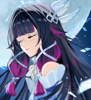 1girl black_hair closed_eyes columbina_(genshin_impact) eye_mask fur_trim genshin_impact hair_ornament head_wings long_hair mask miyanami_3 moon multicolored_hair ribbon solo streaked_hair two-tone_hair white_mask wings