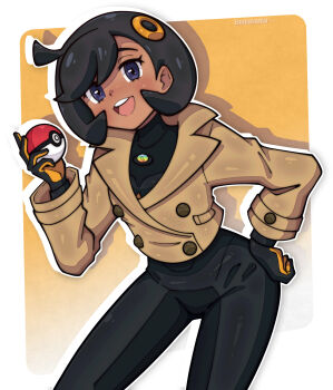 1girl black_bodysuit black_gloves black_hair bodysuit bodysuit_under_clothes brown_jacket cowboy_shot cropped_jacket dark-skinned_female dark_skin emma_(pokemon) emmavania gloves hair_ornament hand_on_own_hip highres holding holding_poke_ball jacket leaning_forward mega_stone nintendo open_mouth orange_background outline poke_ball pokemon pokemon_legends:_z-a purple_eyes short_hair smile two-sided_gloves white_outline