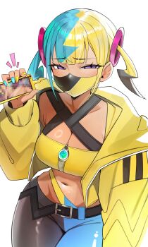 1girl bandeau belt black_belt black_mask black_pants blonde_hair blue_hair blue_nails blue_pants blush breasts canari_(pokemon) censored collarbone criss-cross_halter hair_ornament halterneck highres holding holding_phone jacket kiritzugu mask mega_stone midriff mosaic_censoring mouth_mask multicolored_hair navel nintendo pants phone pokemon pokemon_legends:_z-a purple_eyes short_twintails squinting twintails two-tone_hair two-tone_mask white_background yellow_bandeau yellow_jacket yellow_mask yellow_nails zipper_pull_tab