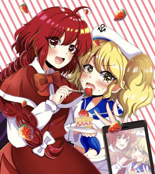 absurdres ahoge anchor_hat_ornament blonde_hair blue_neckerchief blue_sailor_collar blush bow bowtie buttons cake cake_slice cloak collared_shirt commentary dessert feeding food fork fruit hat hat_ornament highres holding holding_fork holding_plate kitashirakawa_chiyuri kuronon long_hair long_sleeves medium_hair navel neckerchief okazaki_yumemi phone plate ponytail red_bow red_bowtie red_cloak red_eyes red_hair red_skirt red_vest sailor_collar sailor_hat shirt shorts skirt strawberry strawberry_cake sweat textless_version touhou touhou_(pc-98) vest white_hat white_shirt white_shorts yellow_eyes yuri