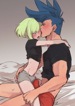2boys androgynous asymmetrical_hair aus_vaka black_shirt blue_eyes blue_hair blush bulge bulge_press bulges_touching erection erection_under_clothes galo_thymos green_hair grey_male_underwear hand_on_another's_ass hand_on_another's_leg highres licking licking_another's_face lio_fotia male_focus male_underwear mohawk multiple_boys open_mouth precum precum_through_clothes promare red_male_underwear shirt short_hair sidecut sidelocks sitting size_difference spiked_hair straddling sweat undercut underwear yaoi