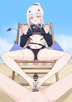 Rule 34 | 1girl, barefoot, beach, blush, censored, chair, clothed female nude male, double v, fate/grand order, fate (series), feet, footjob, highres, long hair, lounge chair, melusine (fate), melusine (swimsuit ruler) (fate), nude, open mouth, ponytail, toes, v, white hair, wl217 (nicexa111), yellow eyes