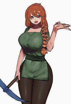 1girl :d absurdres alex_(minecraft) blush braid breasts curvy dress green_eyes highres holding holding_pickaxe large_breasts long_hair looking_at_viewer mano_(manobece) minecraft open_mouth orange_hair pickaxe smile solo standing sweat