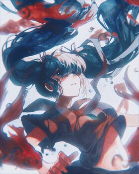 blue_eyes blue_hair bubble fish hatsune_miku highres red_ribbon ribbon sailor_collar shine vocaloid water