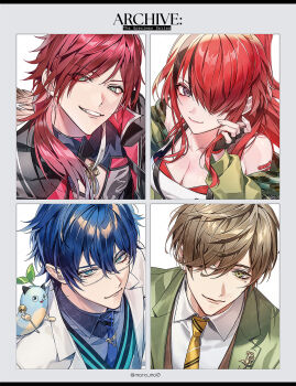 1girl 3boys aqua_vest bare_shoulders black_gloves black_hair black_jacket black_shirt blue_eyes blue_hair blue_necktie blue_shirt border breasts brown_hair cleavage cleavage_cutout closed_mouth clothing_cutout collared_shirt column_lineup commentary_request creature creature_on_shoulder dress eden-gumi english_text eyelashes fang fingerless_gloves glasses gloves green_eyes green_jacket grey_eyes grid_lineup grin hair_between_eyes hair_over_one_eye hand_up highres jacket lain_paterson lain_paterson_(1st_costume) large_breasts lauren_iroas lauren_iroas_(1st_costume) leos_vincent leos_vincent_(1st_costume) long_hair looking_at_viewer low_ponytail mameneko_(leos_vincent) manomenou mole mole_under_eye multicolored_hair multiple_boys necktie nijisanji off_shoulder oliver_evans oliver_evans_(1st_costume) on_shoulder open_clothes open_jacket ponytail portrait red_hair shirt short_hair sidelocks smile streaked_hair suspenders twitter_username two-tone_hair upper_body vest virtual_youtuber white_dress white_jacket white_shirt yellow_necktie