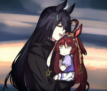 2girls ahoge animal_ears baby black_coat black_hair blunt_bangs carrying carrying_baby carrying_person closed_eyes coat ear_ornament ear_tag earrings hairband highres horse_ears horse_girl jewelry long_hair long_sleeves looking_at_another manhattan_cafe_(umamusume) multicolored_hair multiple_girls open_mouth pleated_skirt puffy_short_sleeves puffy_sleeves purple_shirt rakugosha_(straggler_house) red_desire_(umamusume) red_hairband school_uniform shirt short_sleeves single_earring skirt tracen_school_uniform umamusume very_long_hair white_hair white_skirt yellow_eyes