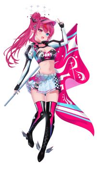 1girl absurdres banner black_boots black_gloves blue_eyes boots breasts cleavage cleavage_cutout clothes_writing clothing_cutout commentary cropped_jacket detached_wings devonmeza404 double_halo fingerless_gloves full_body gloves halo heterochromia highres holding holding_banner hololive hololive_english irys_(hololive) irys_(race_queenrys)_(hololive) long_hair long_sleeves looking_at_viewer medium_breasts multicolored_hair navel official_alternate_costume pleated_skirt pointy_ears ponytail race_queen red_eyes red_hair red_streaks simple_background skirt solo standing star_halo stomach streaked_hair tachi-e thigh_boots untranslatable_commentary v virtual_youtuber visor_cap white_background white_skirt winged_boots wings