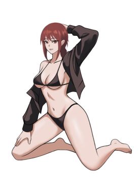 1girl arm_up bikini black_bikini black_jacket breasts chainsaw_man highres jacket large_breasts long_hair looking_at_viewer makima_(chainsaw_man) navel pcharlesart red_eyes red_hair sidelocks solo swimsuit