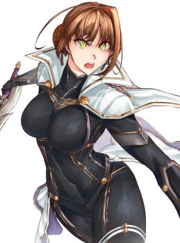 1girl absurdres antenna_hair black_bodysuit bodysuit braid breasts brown_hair bun_with_braided_base cape commentary covered_navel duvalie eiyuu_densetsu english_commentary green_eyes hair_between_eyes hair_bun highres holding holding_sword holding_weapon impossible_bodysuit impossible_clothes large_breasts moren_eh open_mouth sen_no_kiseki sen_no_kiseki_(series) sen_no_kiseki_iv short_hair simple_background single_hair_intake solo sword upper_body weapon white_background white_cape