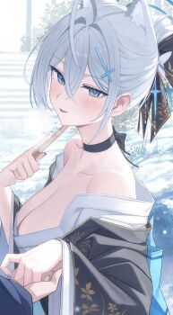 1girl 1other absurdres ahoge animal_ear_fluff animal_ears bare_shoulders black_bow black_choker black_kimono blue_archive blue_eyes blue_halo blue_nails bow breasts choker cleavage commentary_request cross_hair_ornament extra_ears folding_fan from_side grey_hair hair_between_eyes hair_bow hair_ornament halo hand_fan hand_on_another's_hand highres holding holding_fan japanese_clothes kimono large_breasts looking_to_the_side mismatched_pupils nail_polish off_shoulder offering_hand outdoors pang-yo parted_lips shiroko_terror_(blue_archive) snow solo stairs taking_another's_hand torii updo wolf_ears wolf_girl