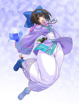 Rule 34 | 1girl, ainu clothes, black hair, blue background, blue bow, blue hairband, blue shoes, bob cut, bow, breasts, brown eyes, commentary, full body, hair bow, hairband, highres, ice, jewelry, kageyama shinobi, knife, konril, long sleeves, medium breasts, medium hair, necklace, open mouth, pants, puffy pants, rimururu, samurai spirits, sheath, sheathed, shoes, sleeves past wrists, smile, solo, teeth, upper teeth only, weapon, weapon on back, white pants, wide sleeves