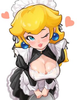 1girl absurdres alternate_costume apron black_dress blonde_hair blue_eyes breasts cleavage commentary dress earrings english_commentary enmaided framed_breasts frilled_apron frills heart highres jewelry leaning_forward maid maid_apron maid_headdress mario_(series) mineru128127 nintendo one_eye_closed princess_peach puffy_sleeves sphere_earrings tray white_apron white_background white_headdress